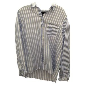 J. Crew Linen Cotton Blend Blue Striped Crinkle Gauze Boyfriend Shirt Size 14
